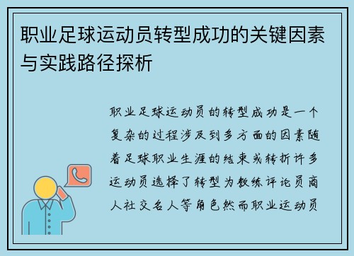职业足球运动员转型成功的关键因素与实践路径探析