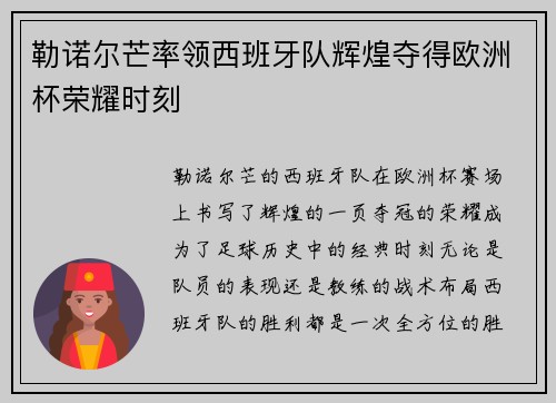 勒诺尔芒率领西班牙队辉煌夺得欧洲杯荣耀时刻