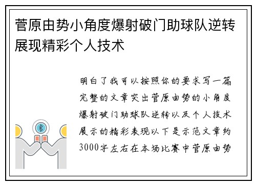 菅原由势小角度爆射破门助球队逆转展现精彩个人技术 菅原由势小角度爆射破门助球队逆转展现精彩个人技术